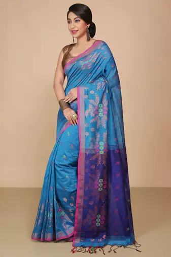 Turquoise Floral woven Design  Cotton Saree 