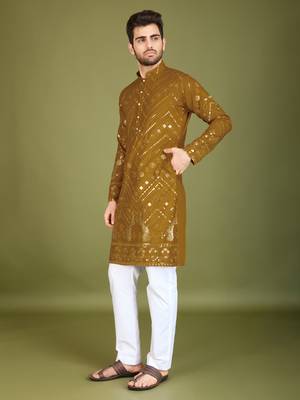 Yellow viscose rayon thread & sequins embroidered with foil mirror work wedding festival party wear straight kurta 4