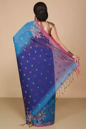 Turquoise Floral woven Design  Cotton Saree 