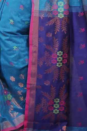 Turquoise Floral woven Design  Cotton Saree 