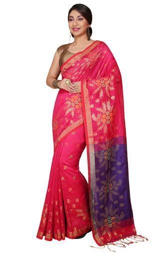 Pink Floral woven Design  Cotton Saree 
