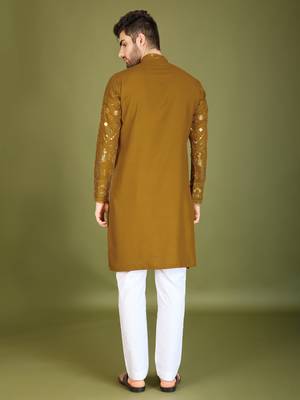 Yellow viscose rayon thread & sequins embroidered with foil mirror work wedding festival party wear straight kurta 6