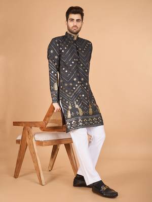 Grey viscose rayon thread & sequins embroidered with foil mirror work wedding festival party wear straight kurta 1