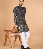 Grey viscose rayon thread & sequins embroidered with foil mirror work wedding festival party wear straight kurta