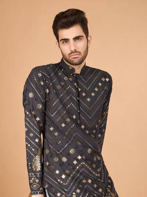 Grey viscose rayon thread & sequins embroidered with foil mirror work wedding festival party wear straight kurta 3