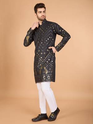 Grey viscose rayon thread & sequins embroidered with foil mirror work wedding festival party wear straight kurta 4