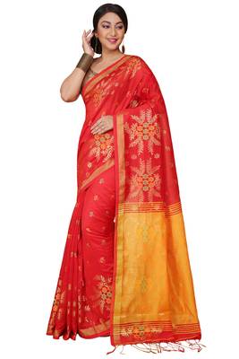 Red Floral woven Design  Cotton Saree  1