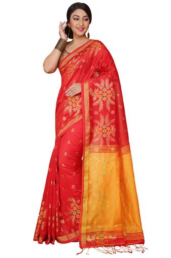 Red Floral woven Design  Cotton Saree 