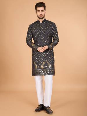 Grey viscose rayon thread & sequins embroidered with foil mirror work wedding festival party wear straight kurta 5