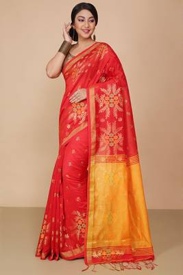 Red Floral woven Design  Cotton Saree  2