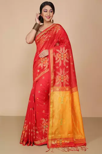 Red Floral woven Design  Cotton Saree 