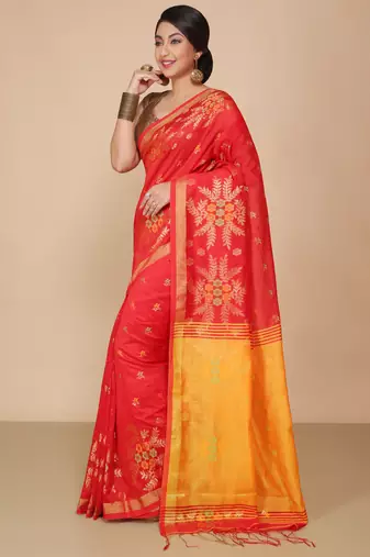 Red Floral woven Design  Cotton Saree 