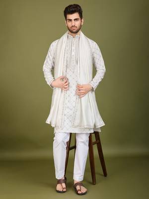 white viscose silk sequins embroidered kurta with dupatta 1