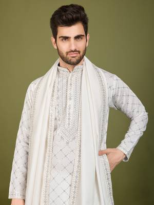 white viscose silk sequins embroidered kurta with dupatta 3