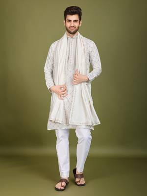 white viscose silk sequins embroidered kurta with dupatta 5