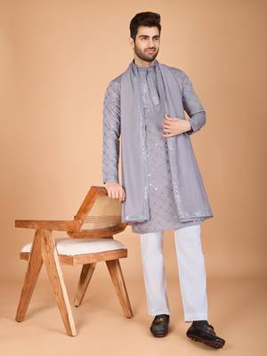 grey viscose silk thread & sequins embroidered straight kurta with dupatta 1