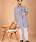 grey viscose silk thread & sequins embroidered straight kurta with dupatta