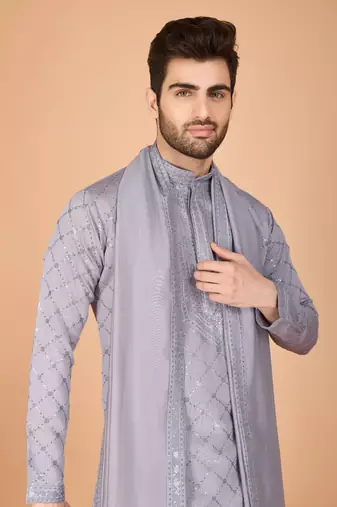 grey viscose silk thread & sequins embroidered straight kurta with dupatta