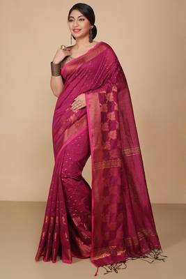 Magenta  Cotton Leaf Design Sarees with Jacquard Work with Blouse Piece 2
