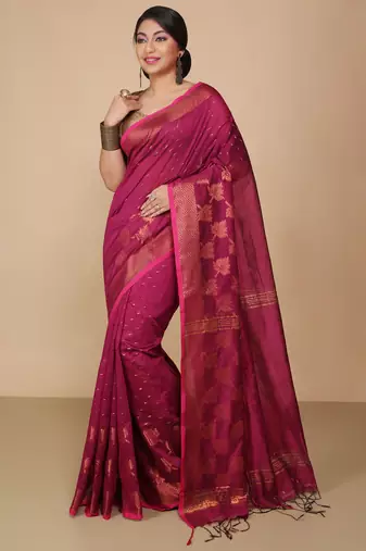 Magenta  Cotton Leaf Design Sarees with Jacquard Work with Blouse Piece