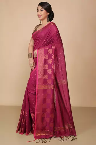 Magenta  Cotton Leaf Design Sarees with Jacquard Work with Blouse Piece