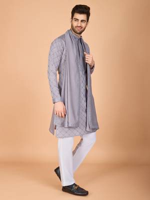 grey viscose silk thread & sequins embroidered straight kurta with dupatta 4