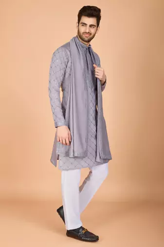 grey viscose silk thread & sequins embroidered straight kurta with dupatta