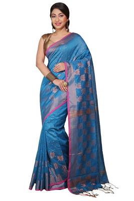 Turquoise  Cotton Leaf Design Sarees with Jacquard Work with Blouse Piece  1