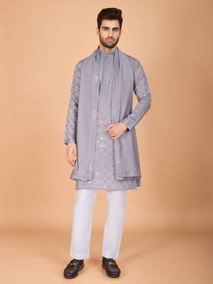 grey viscose silk thread & sequins embroidered straight kurta with dupatta 5