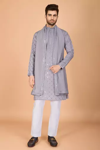 grey viscose silk thread & sequins embroidered straight kurta with dupatta