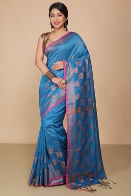 Turquoise  Cotton Leaf Design Sarees with Jacquard Work with Blouse Piece  2