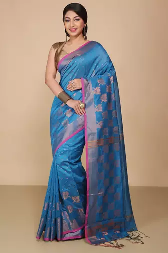 Turquoise  Cotton Leaf Design Sarees with Jacquard Work with Blouse Piece 