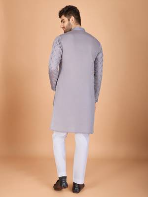 grey viscose silk thread & sequins embroidered straight kurta with dupatta 6
