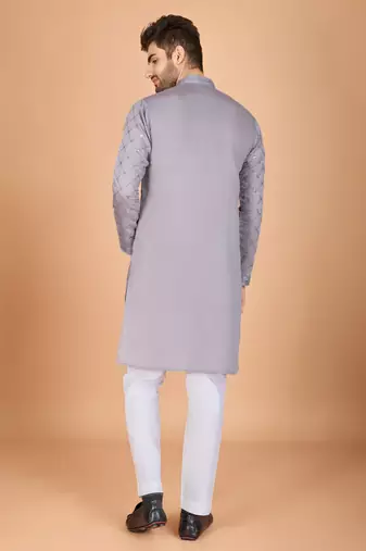 grey viscose silk thread & sequins embroidered straight kurta with dupatta