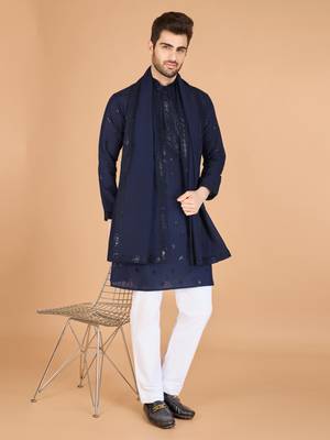 navy blue viscose silk thread & sequins embroidered straight kurta with dupatta 1