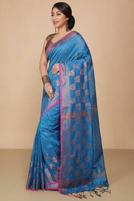 Turquoise  Cotton Leaf Design Sarees with Jacquard Work with Blouse Piece  3
