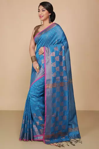 Turquoise  Cotton Leaf Design Sarees with Jacquard Work with Blouse Piece 