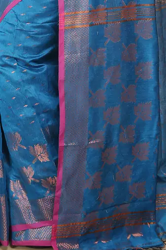 Turquoise  Cotton Leaf Design Sarees with Jacquard Work with Blouse Piece 