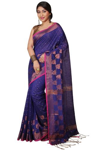 Blue  Cotton Leaf Design Sarees with Jacquard Work with Blouse Piece 