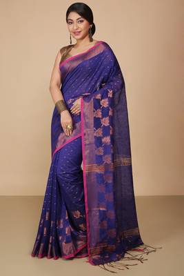 Blue  Cotton Leaf Design Sarees with Jacquard Work with Blouse Piece  2