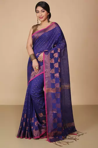 Blue  Cotton Leaf Design Sarees with Jacquard Work with Blouse Piece 