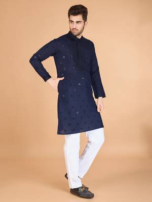 navy blue viscose silk thread & sequins embroidered straight kurta with dupatta 4