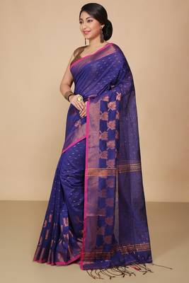 Blue  Cotton Leaf Design Sarees with Jacquard Work with Blouse Piece  3