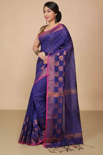 Blue  Cotton Leaf Design Sarees with Jacquard Work with Blouse Piece 