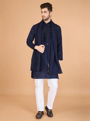 navy blue viscose silk thread & sequins embroidered straight kurta with dupatta 5