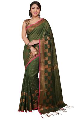 Green  Cotton Leaf Design Sarees with Jacquard Work with Blouse Piece  1