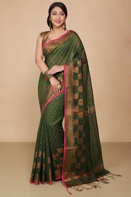 Green  Cotton Leaf Design Sarees with Jacquard Work with Blouse Piece  2