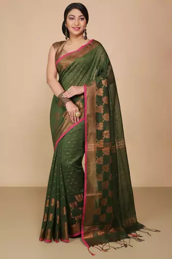 Green  Cotton Leaf Design Sarees with Jacquard Work with Blouse Piece 