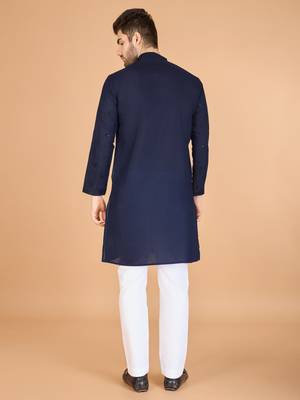 navy blue viscose silk thread & sequins embroidered straight kurta with dupatta 6