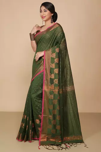 Green  Cotton Leaf Design Sarees with Jacquard Work with Blouse Piece 